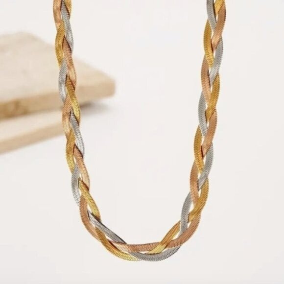 14k Gold Plated Tri-Colored Braided Snake Chain Stainless Steel Necklace - Picture 4 of 7
